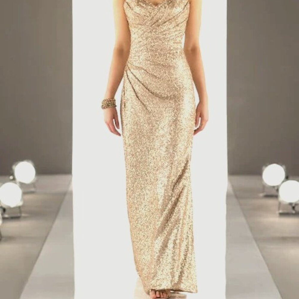 BRAND NEW NWT 8794 Sorella Vita Gold Metallic Modern Sequin Gown Size 10